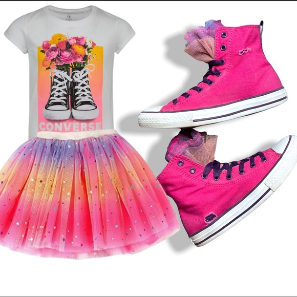 Converse Girls All Star Chuck Taylor Distressed Pink Party Hi Top Sneakers 4 - Picture 4 of 16